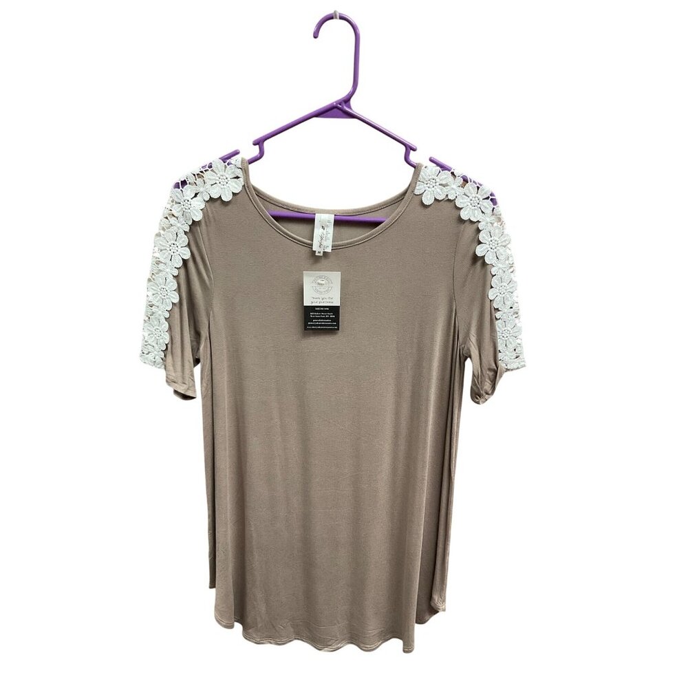 Womens 42 Pops Taupe Top With Lace Sleeve Detail